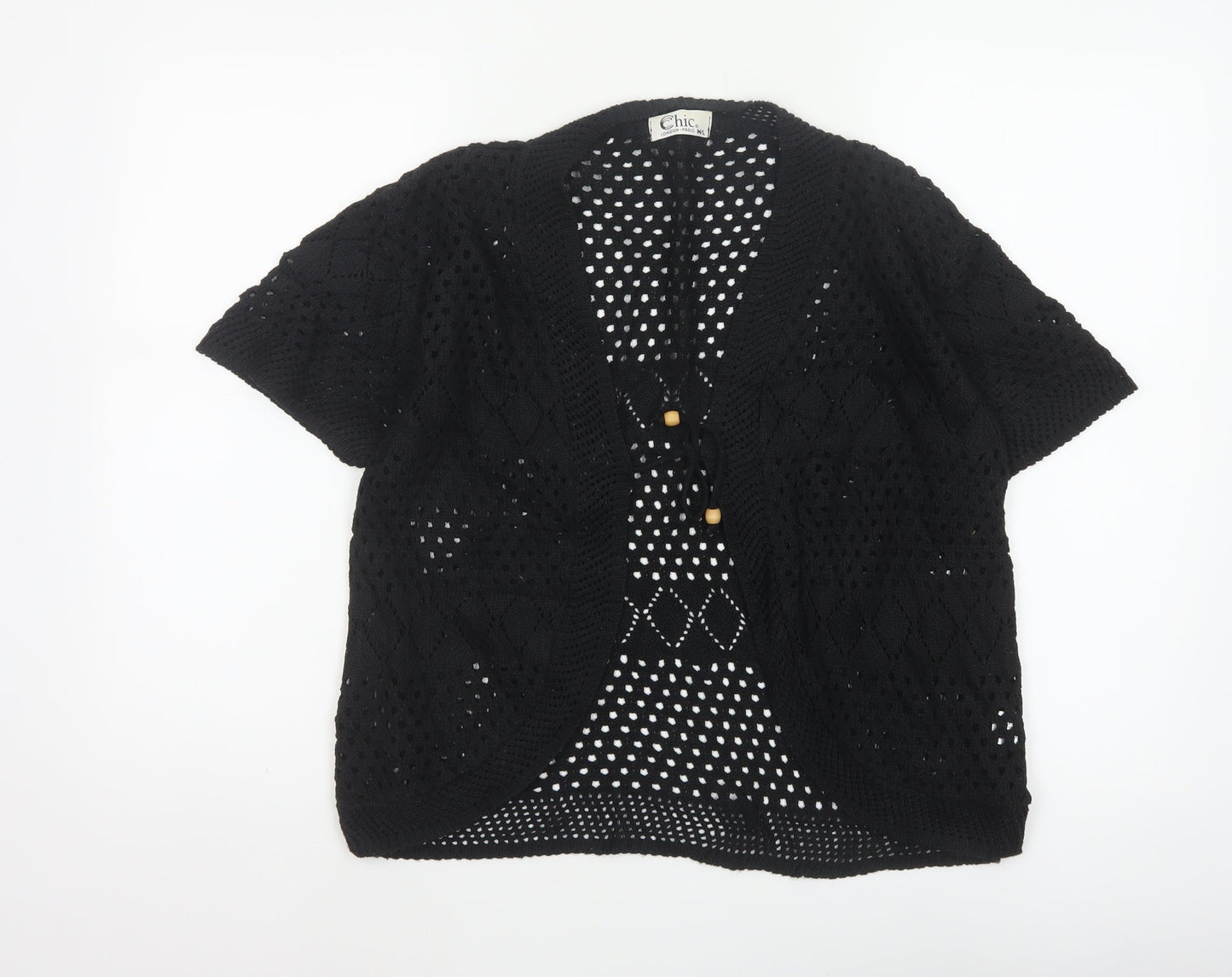Chic Women’s Black M Knit Open Front Kimono Sleeve Button Blouse