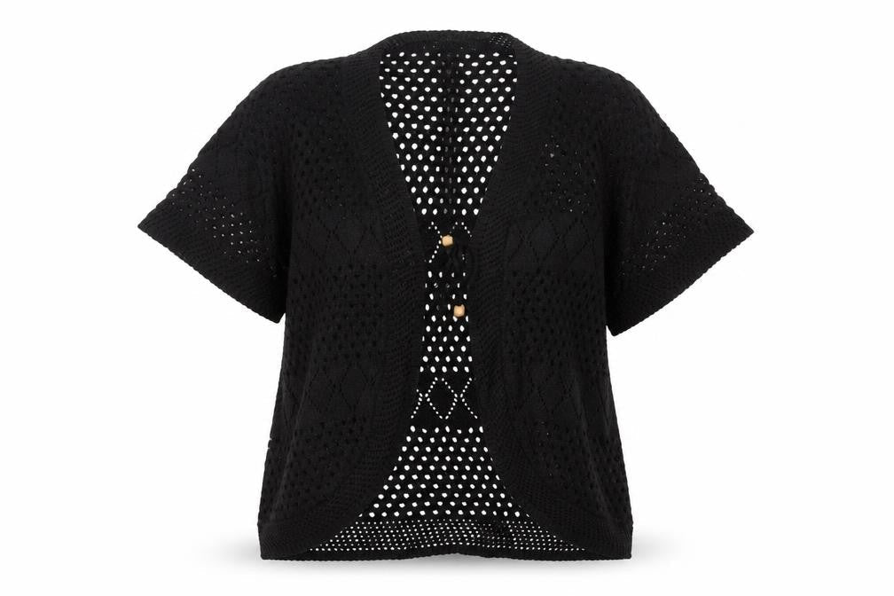 Front view of Chic Women’s Black M Knit Open Front Kimono Sleeve Button Blouse
