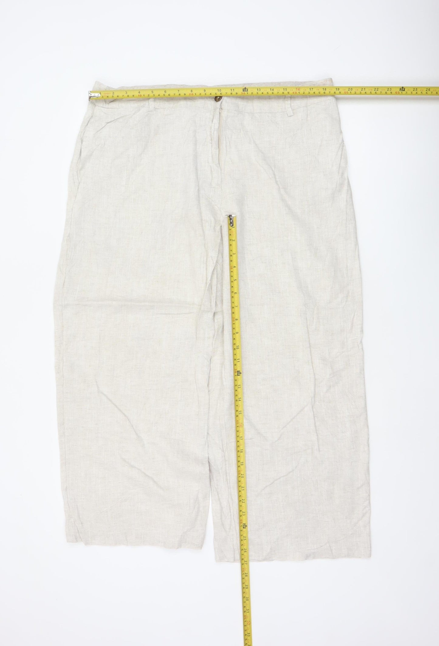 Marks & Spencer Women Beige Linen Blend Wide-Leg Trousers UK 20 Short