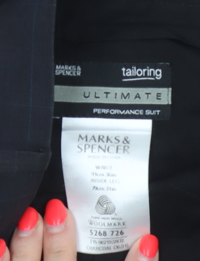 Marks & Spencer Men Grey Check Wool Dress Trousers 36W 31L