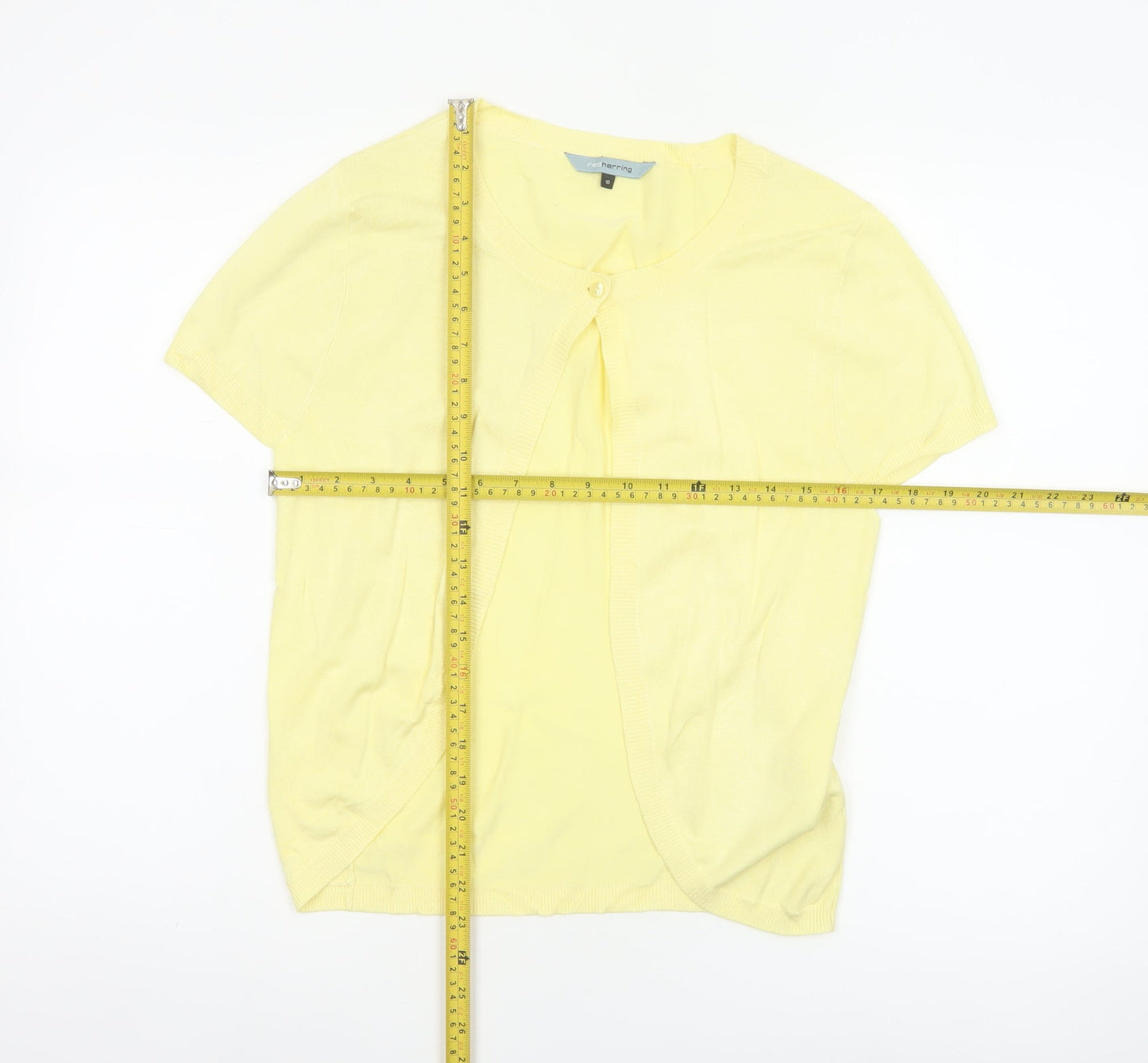 Red Herring Women Yellow Size 10 Short Sleeve Knit Button Cardigan