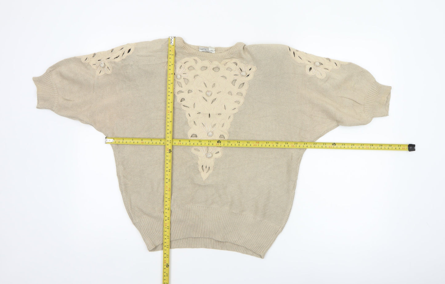 Jacques Vert Women Beige UK 12 Floral Embroidered Cotton Tunic Top