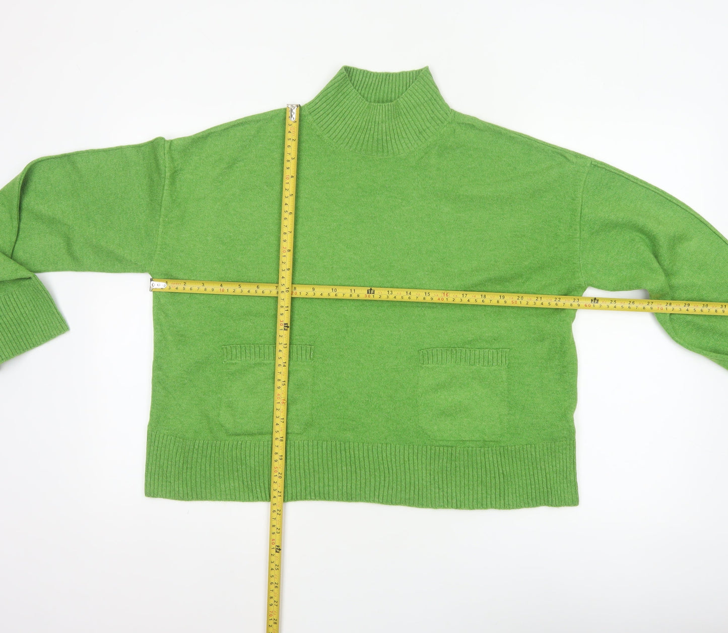 Marks & Spencer Women Green M Mock Neck Pocket Knit Pullover Jumper
