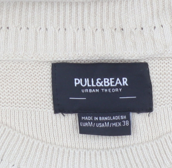Pull&Bear Men Beige M Cotton Crew Neck Striped Knit Pullover Jumper