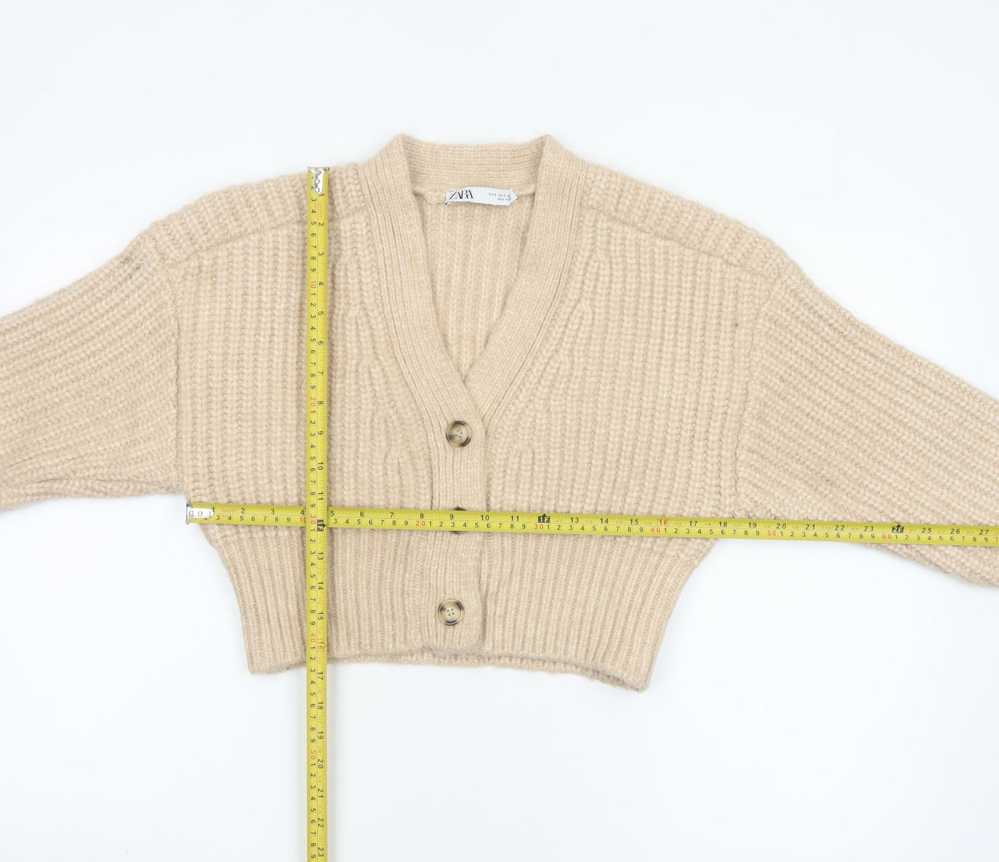 Zara Women Beige S Chunky Knit V-Neck Button Cardigan Alpaca Blend