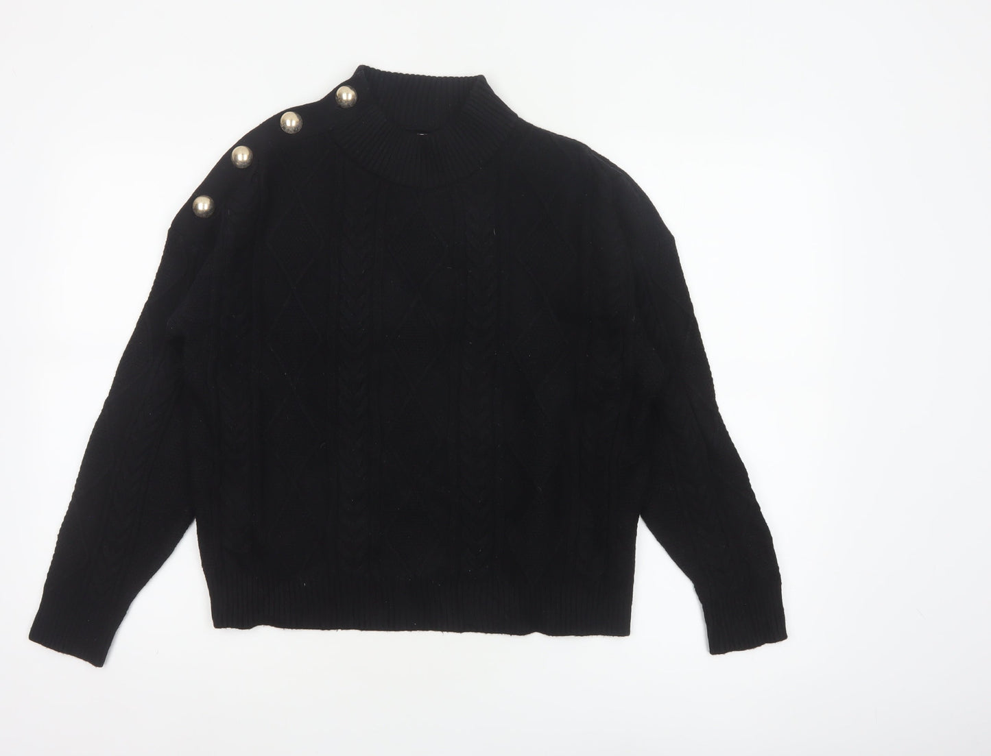 Mango Women Black UK 12 Cable-Knit High Neck Button Pullover Jumper