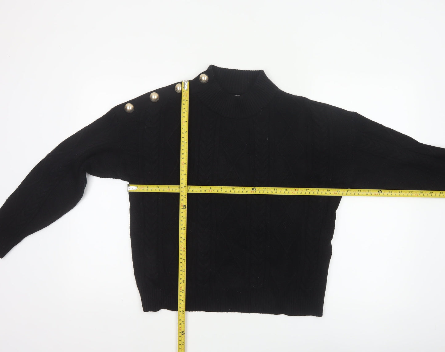 Mango Women Black UK 12 Cable-Knit High Neck Button Pullover Jumper