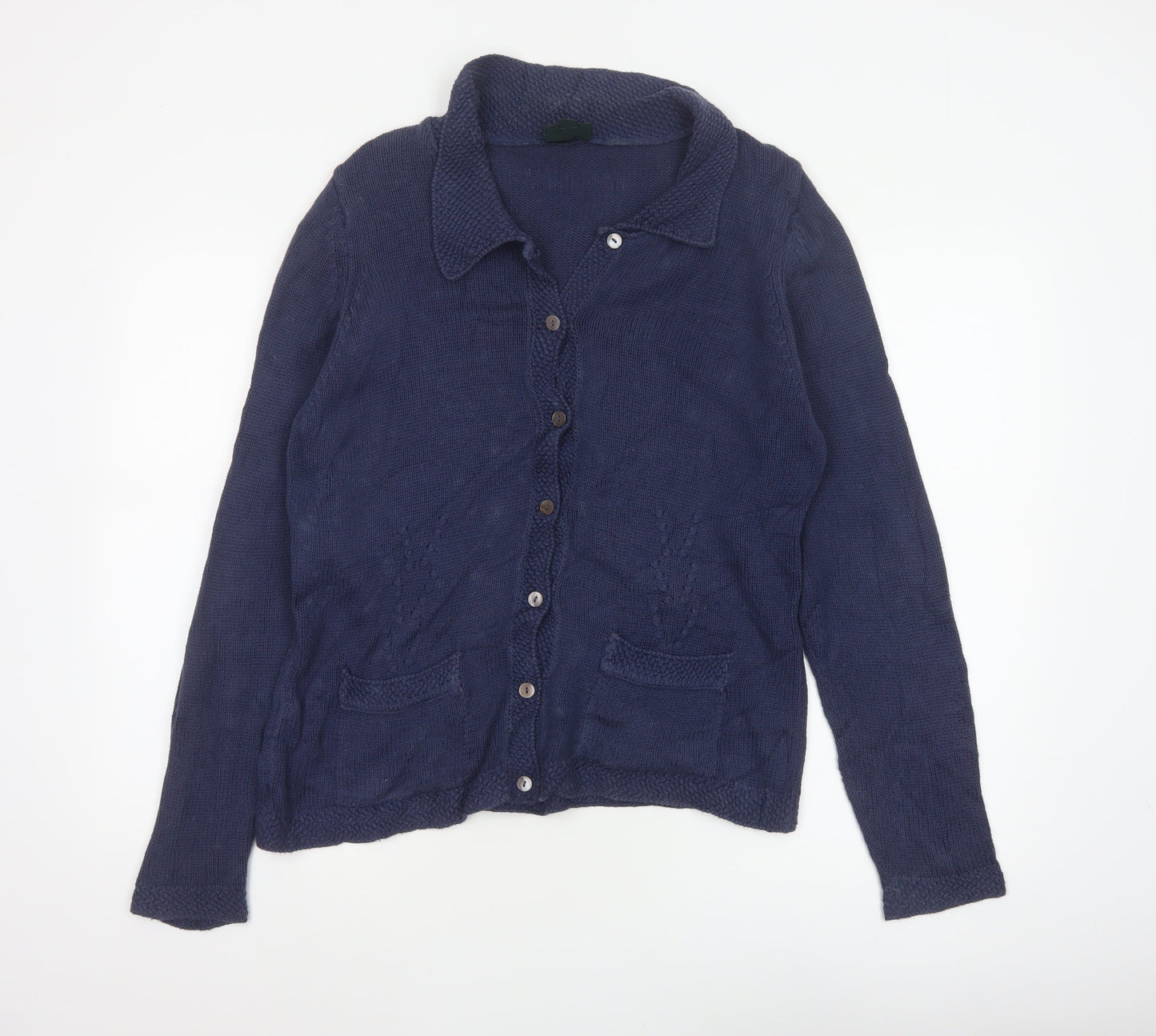 Laura Ashley Women Blue L Cable Knit Collared Button Cardigan