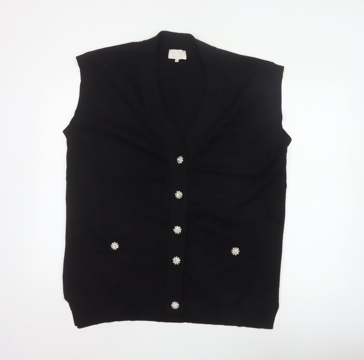 Mint Women Black XL Sleeveless V-Neck Knit Jewel Button Cardigan Vest