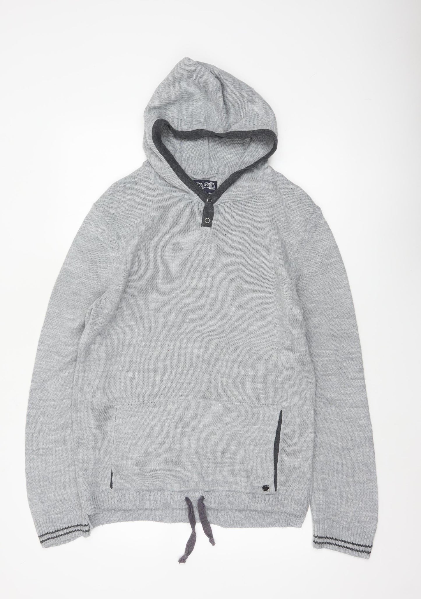 Rover Island Men's Grey S Hooded Henley Jumper Acrylic Knit Pockets