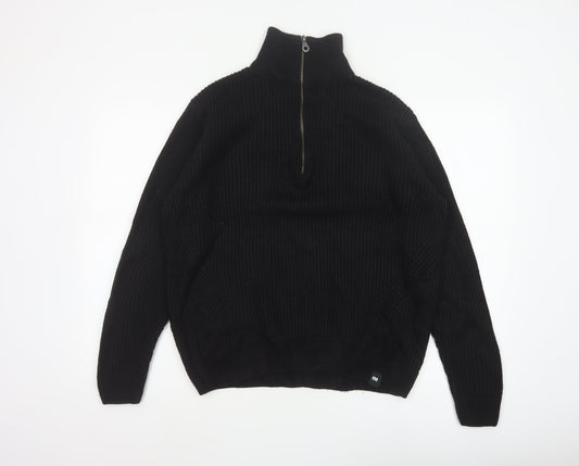 Pull&Bear Men Black M Chunky Knit Half Zip High Neck Jumper