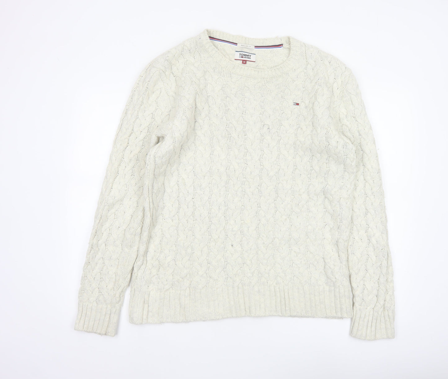 Tommy Jeans Men’s Ivory M Cable Knit Crew Neck Cotton Blend Jumper