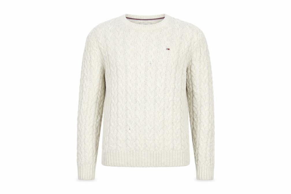 Tommy Jeans Men’s Ivory M Cable Knit Crew Neck Cotton Blend Jumper