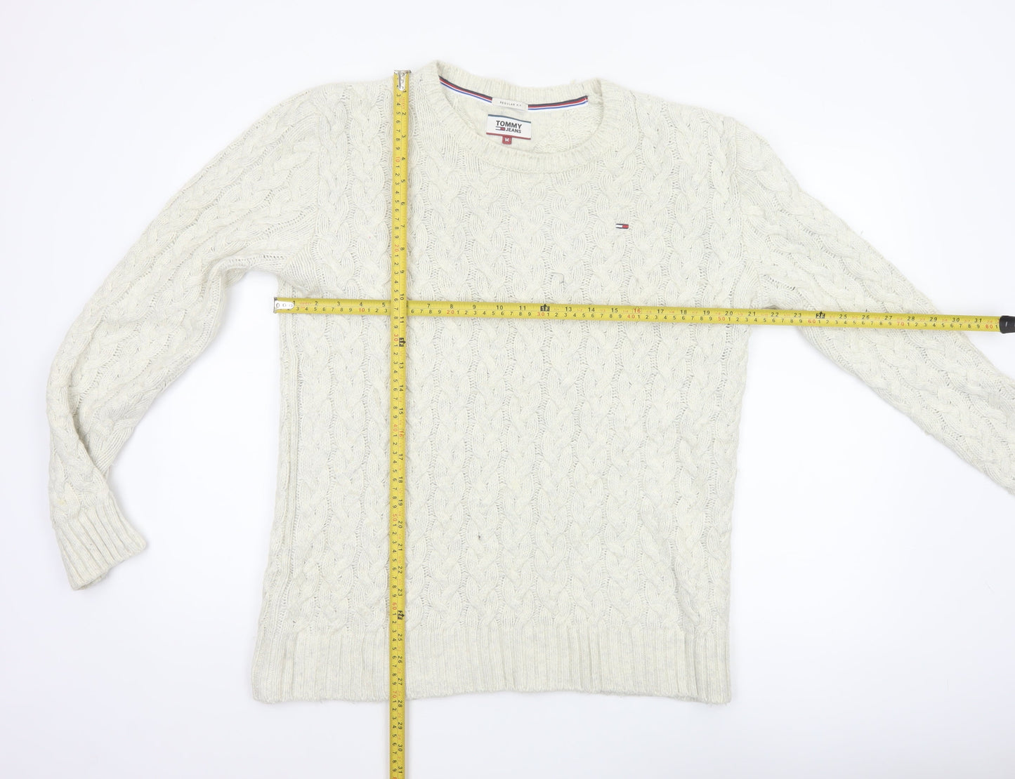 Tommy Jeans Men’s Ivory M Cable Knit Crew Neck Cotton Blend Jumper
