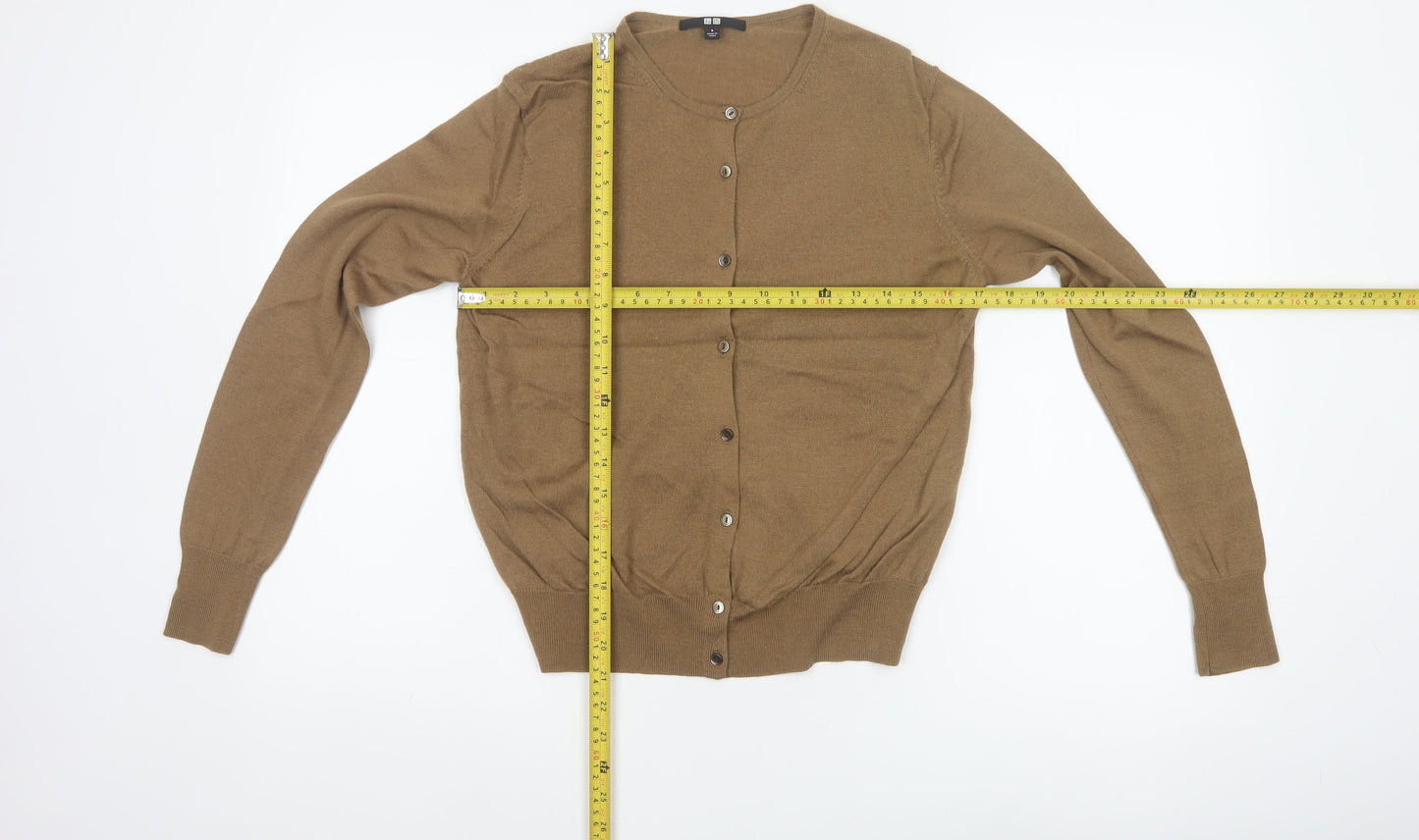 Uniqlo Women Brown S 100% Wool Round Neck Button Cardigan