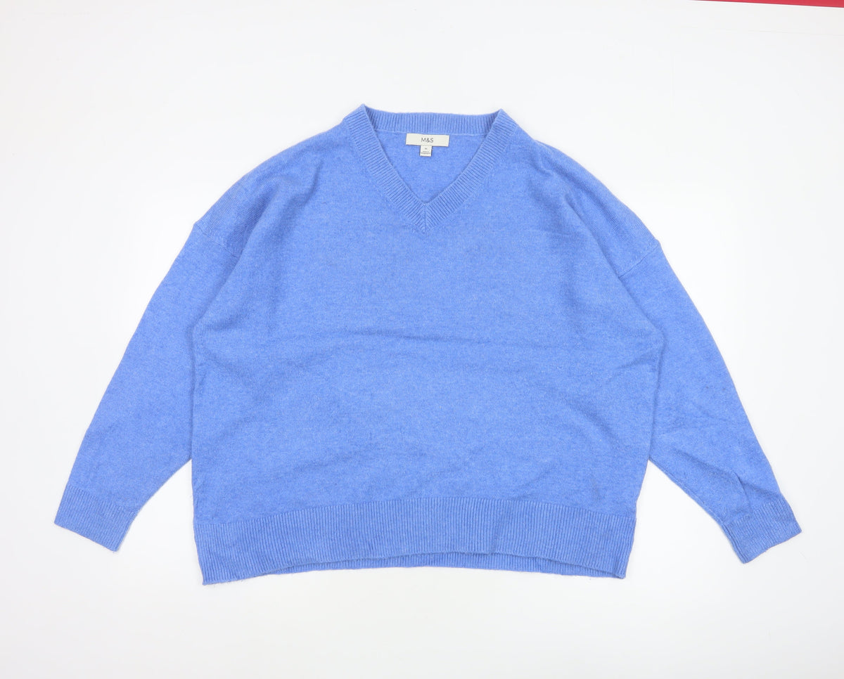 Marks and Spencer Women Blue XL V-Neck Long Sleeve Knit Jumper