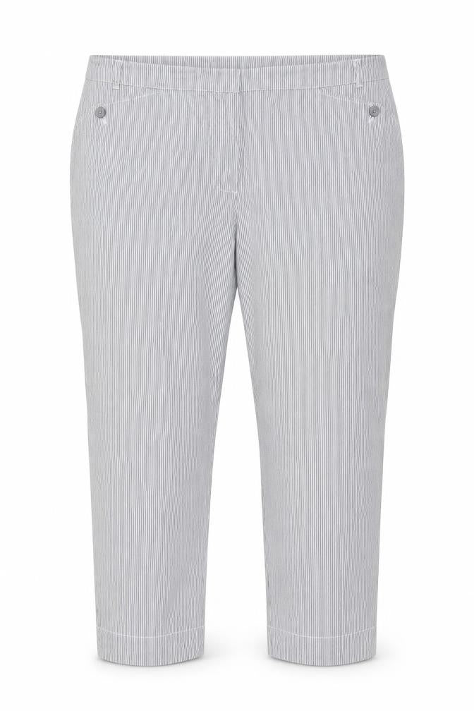 Front view of Jaeger Women Grey Pinstripe Cotton Tapered Chino Trousers UK 16