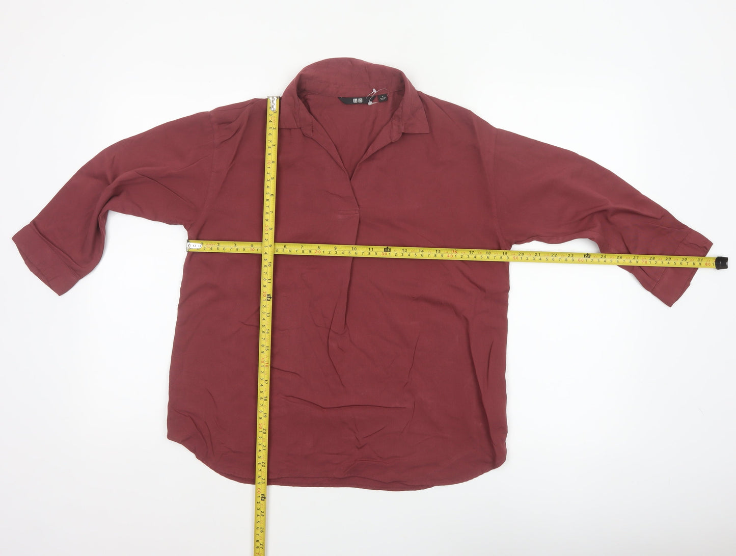 Uniqlo Women Red S Relaxed Collared Long Sleeve Viscose Blouse