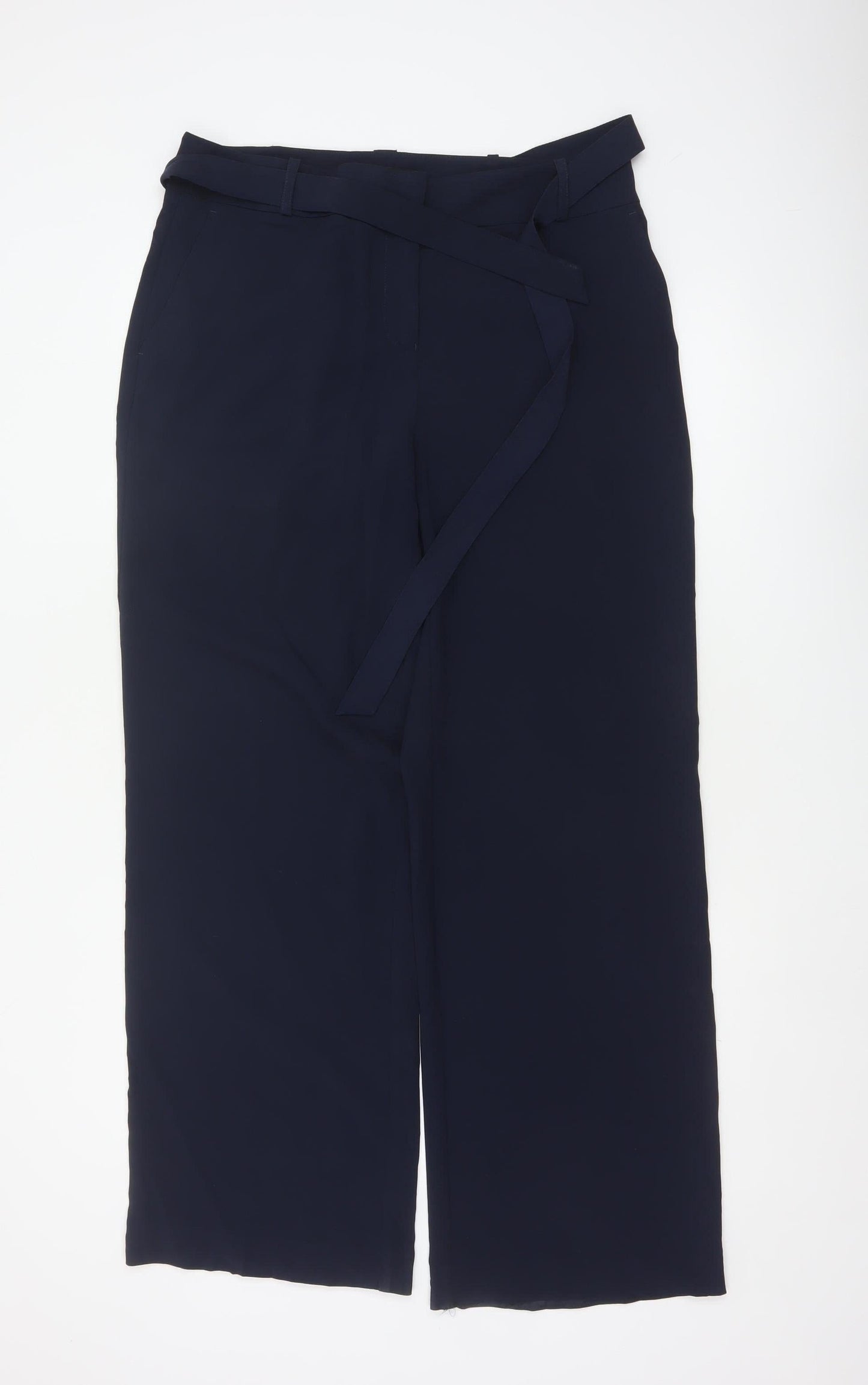 Next Women Blue UK 12 High Rise Wide-Leg Belted Tailored Trousers