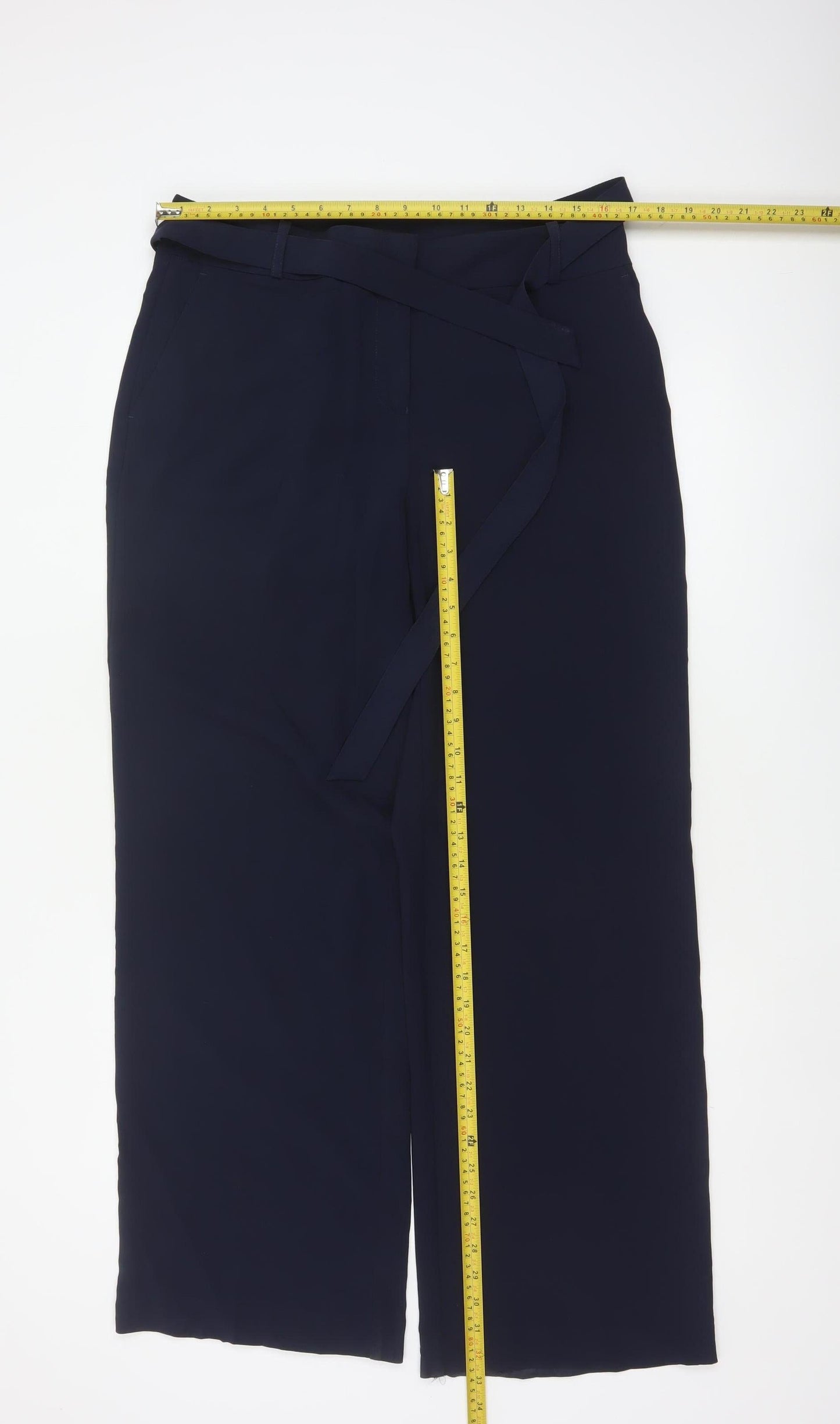 Next Women Blue UK 12 High Rise Wide-Leg Belted Tailored Trousers