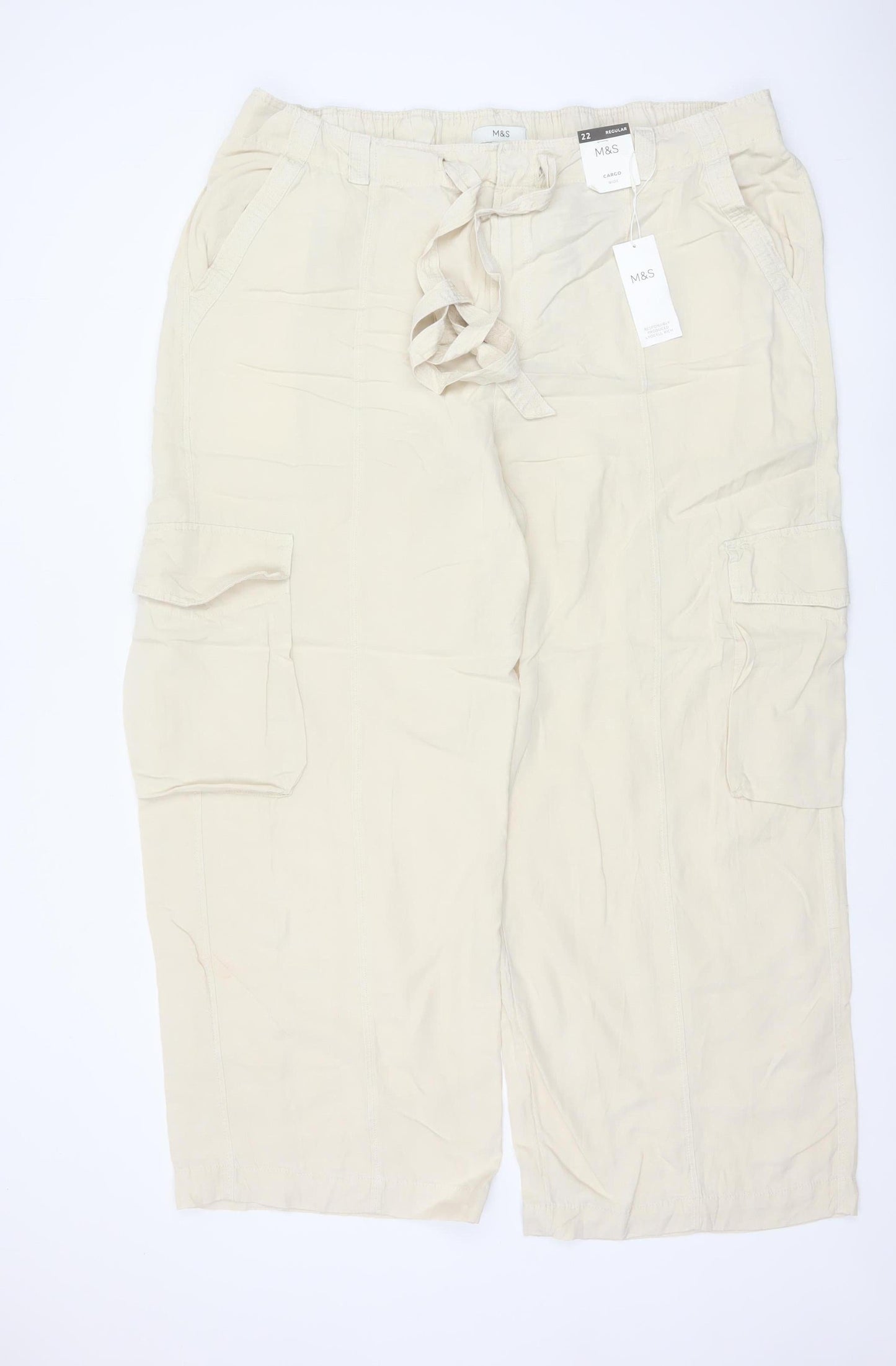 Marks and Spencer Women Ivory UK 22 Cargo Linen Blend Trousers