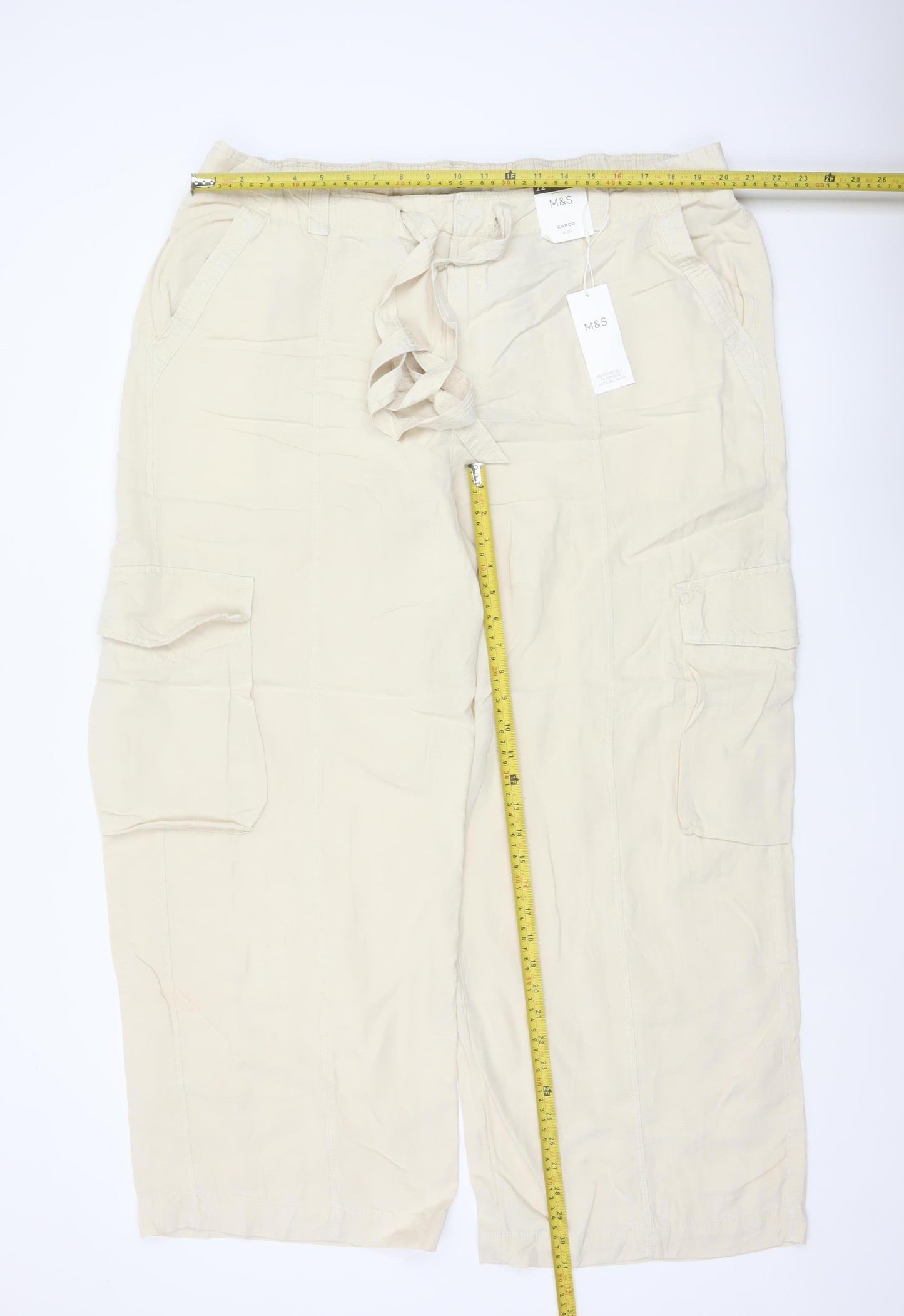 Marks and Spencer Women Ivory UK 22 Cargo Linen Blend Trousers