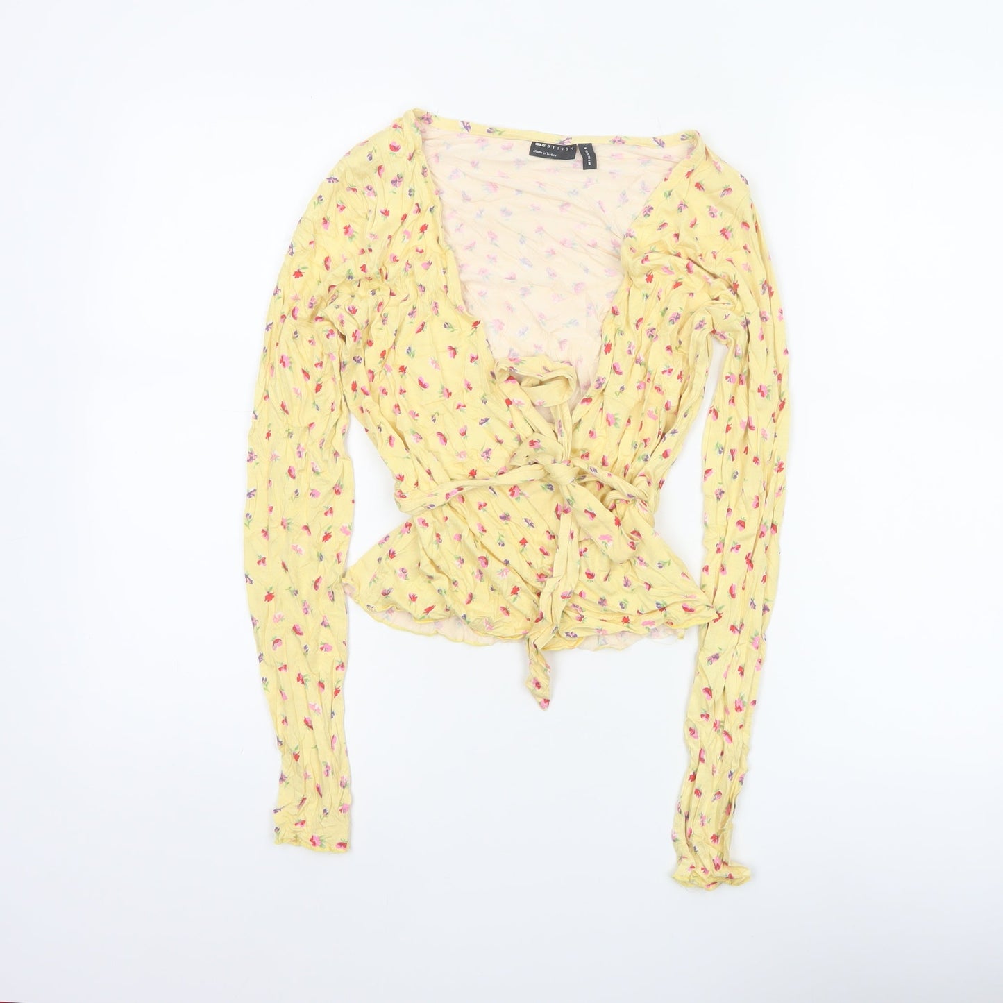 ASOS Design Women Yellow Floral Wrap Peplum Blouse UK 8 Long Sleeve