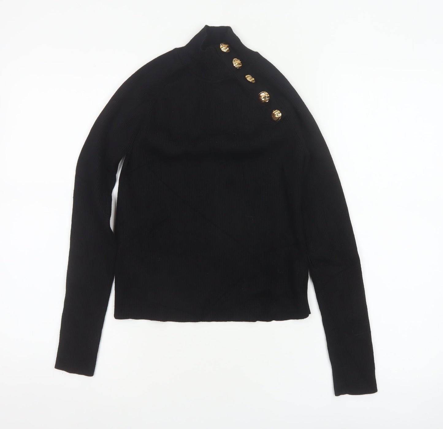 Zara Women Black Size S High Neck Ribbed Knit Gold Button Jumper