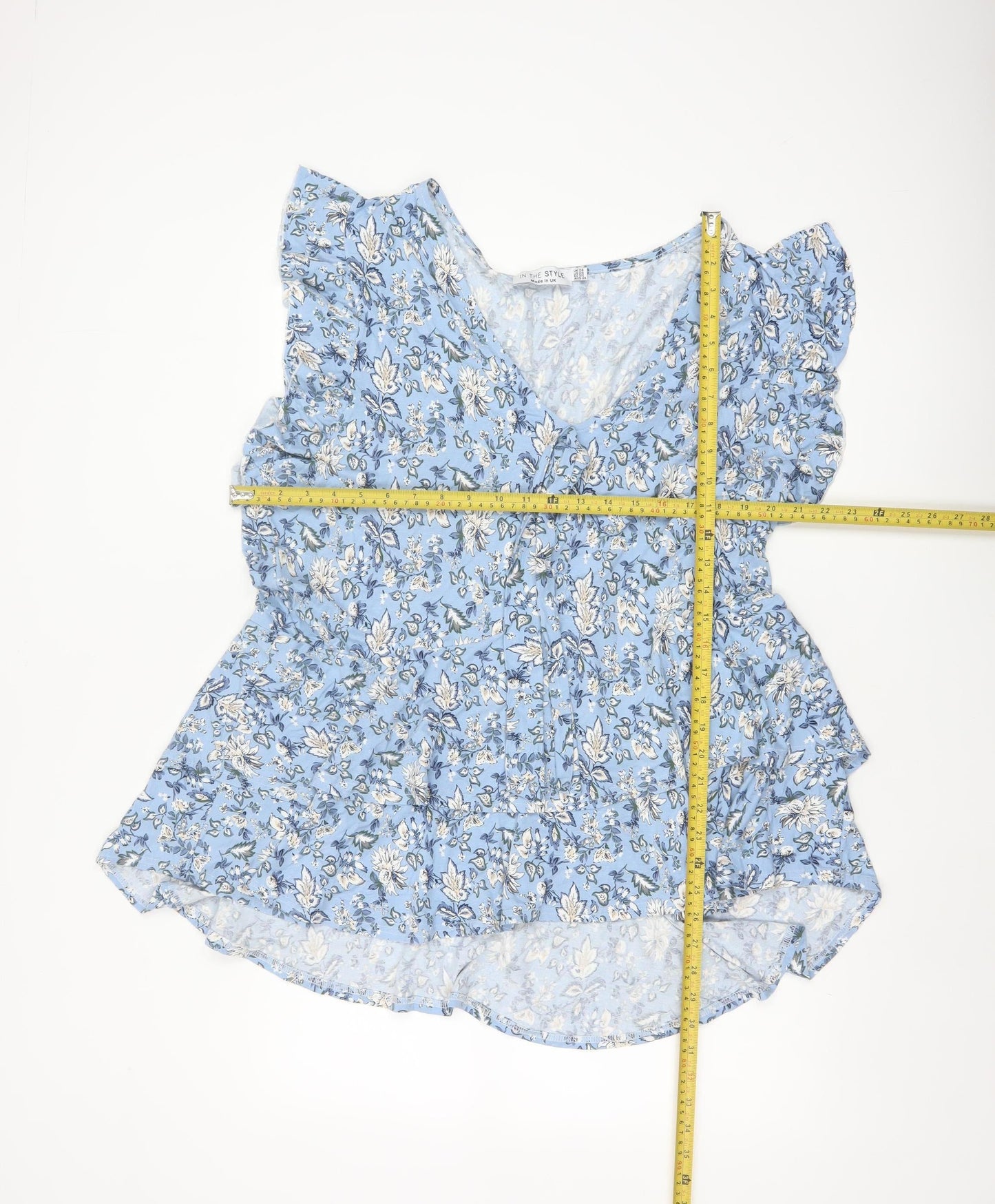 In The Style Women Blue Floral UK 24 Wrap Peplum Flutter Sleeve Blouse