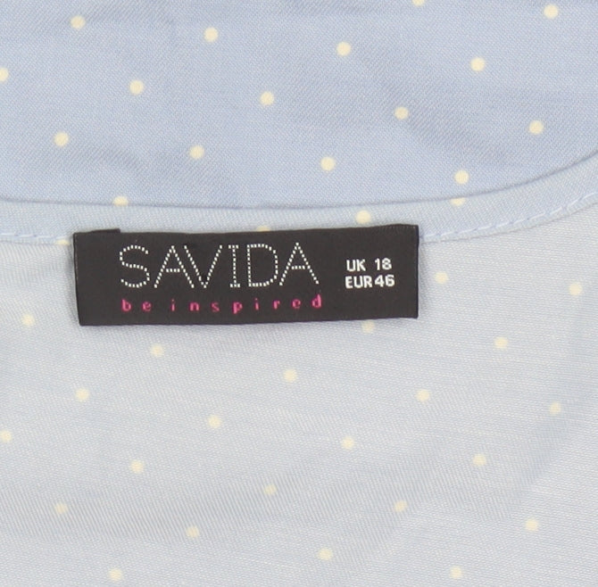 Savida Women Blue Polka Dot Ruffle Sheath Knee Dress UK 18 Cotton
