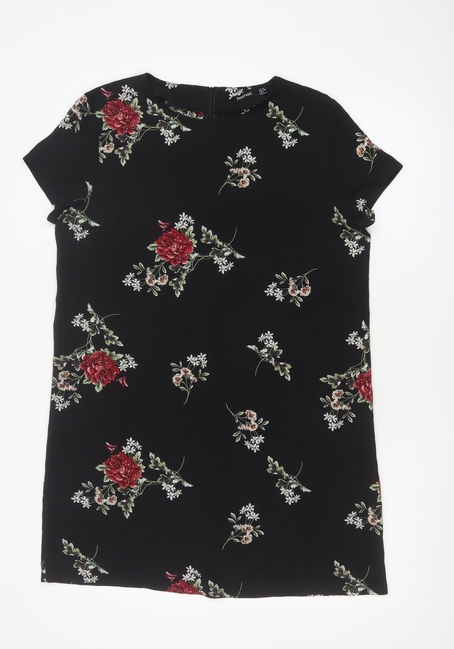 Boohoo Women Black Floral Shift Dress UK 12 Short Sleeve Knee Length
