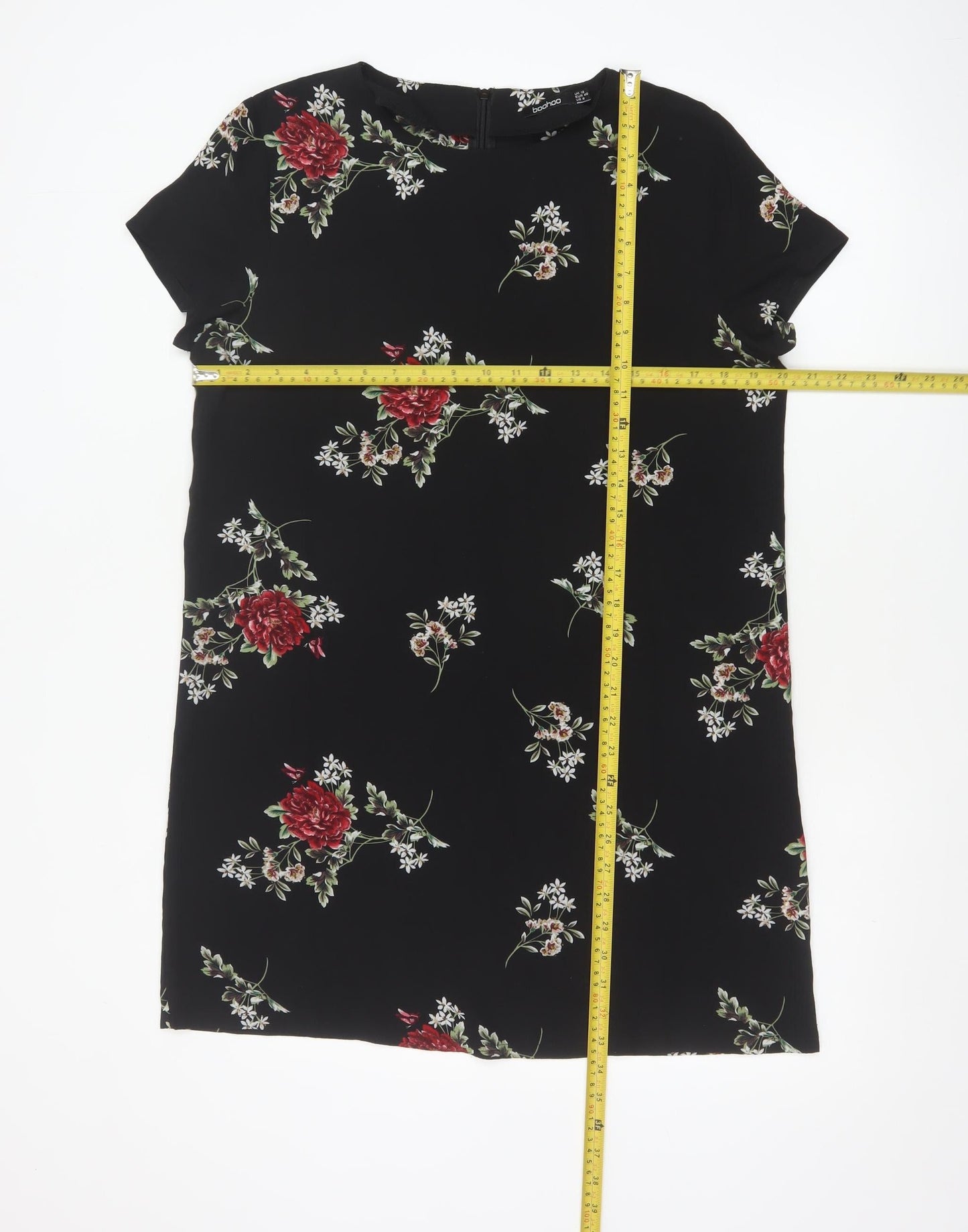 Boohoo Women Black Floral Shift Dress UK 12 Short Sleeve Knee Length