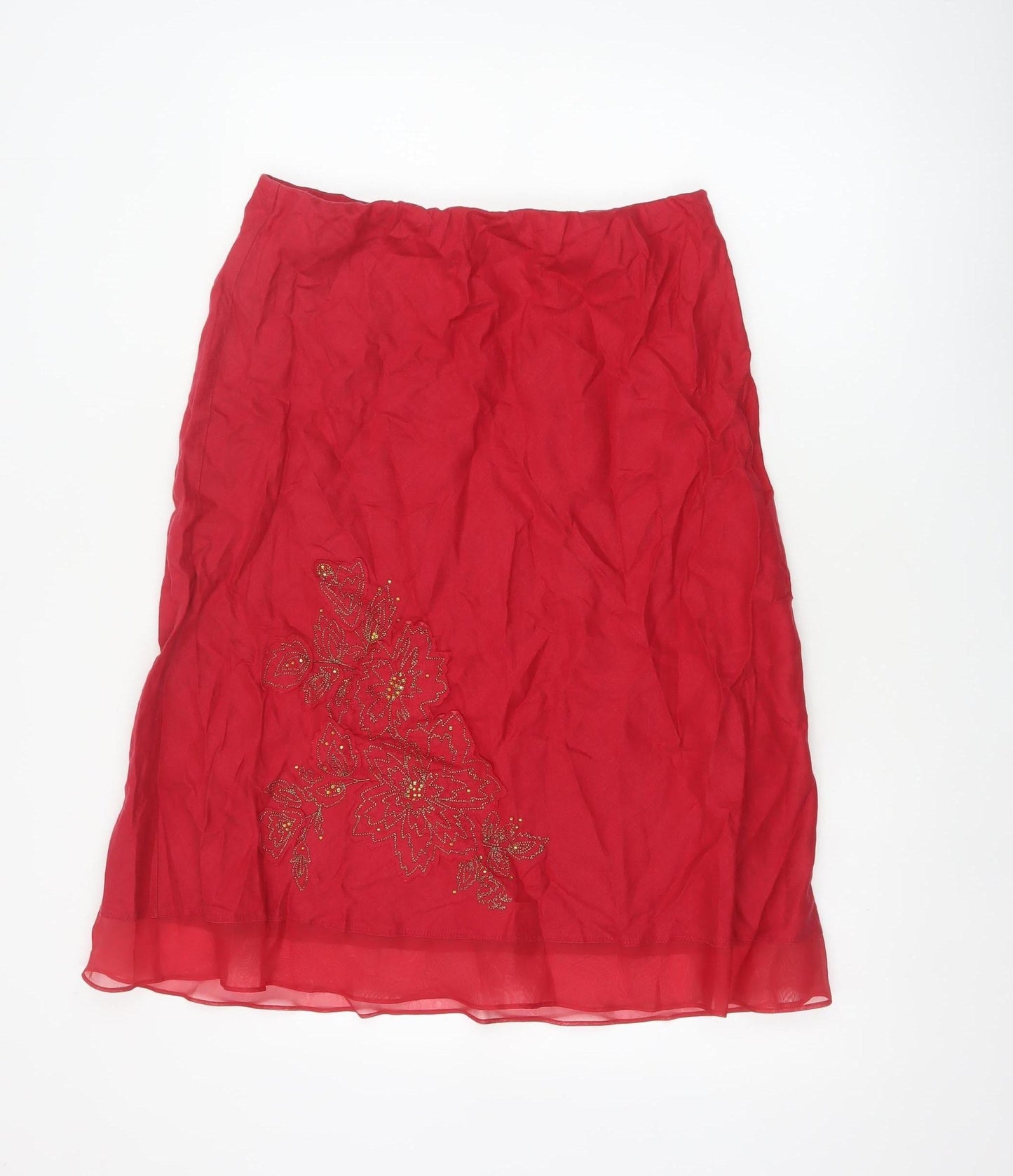 Marks & Spencer Women Red UK 14 Linen Floral Beaded A-Line Skirt