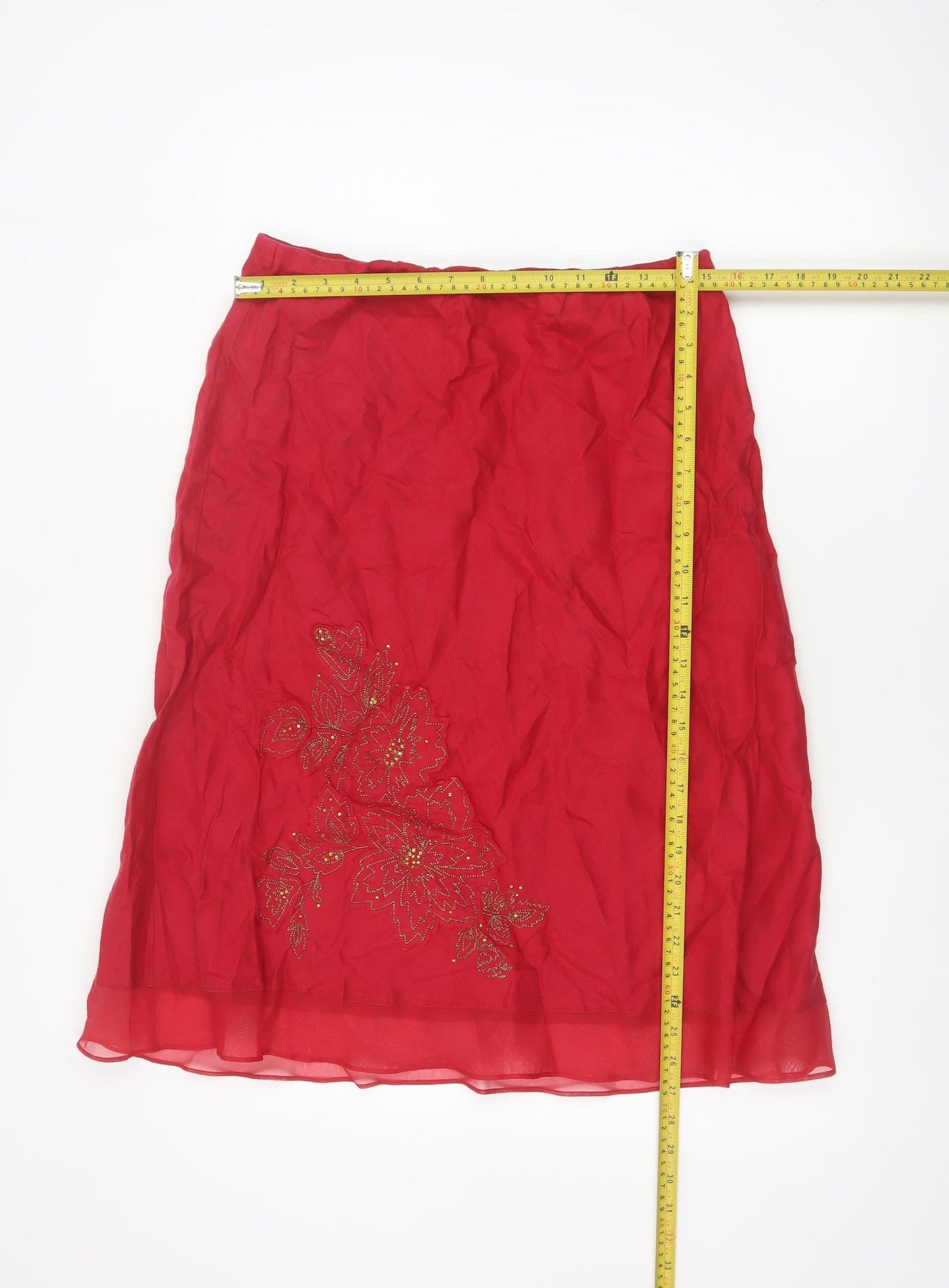 Marks & Spencer Women Red UK 14 Linen Floral Beaded A-Line Skirt