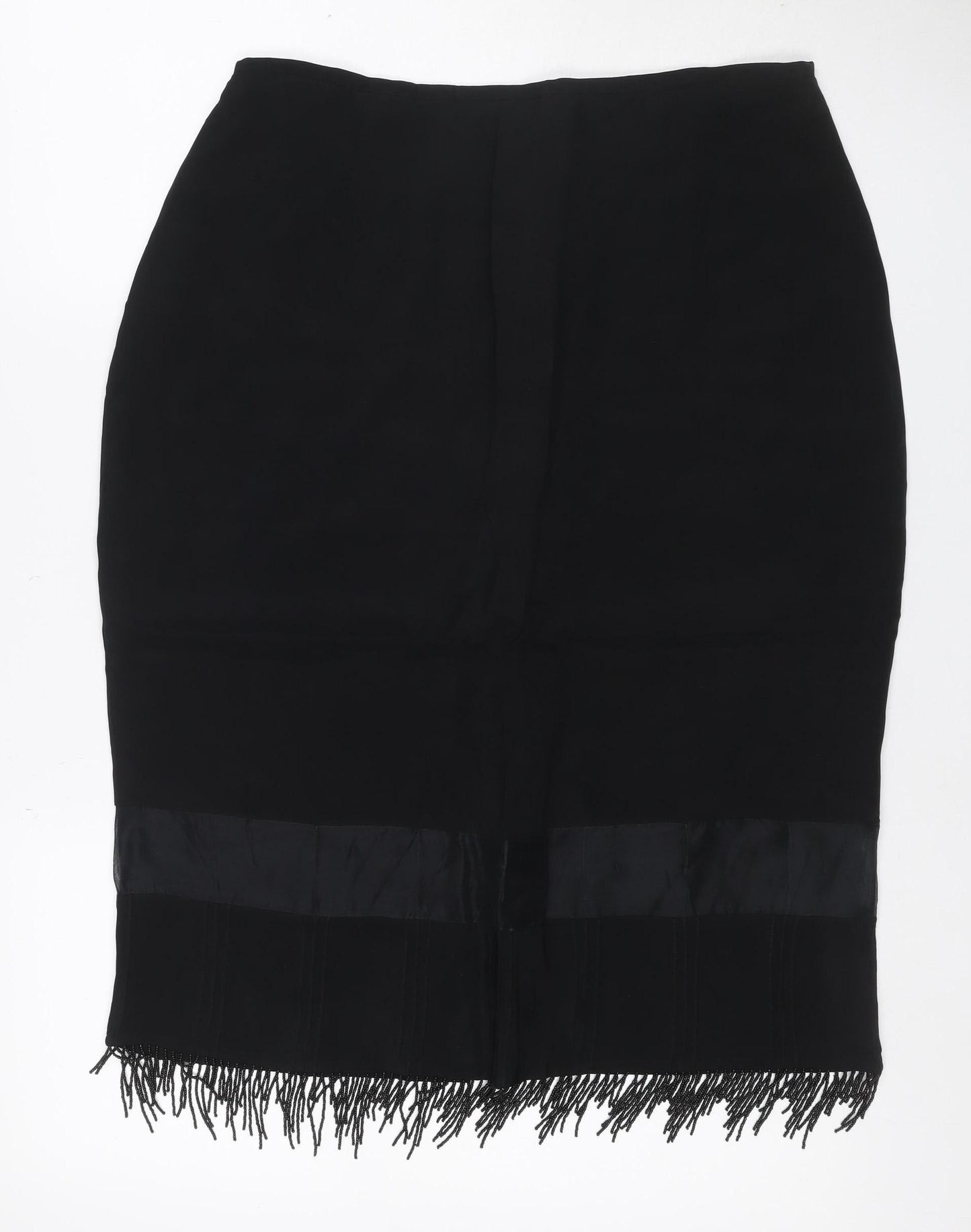 Kaiko Women's Black UK 14 Silk Fringe Beaded Pencil Knee Skirt