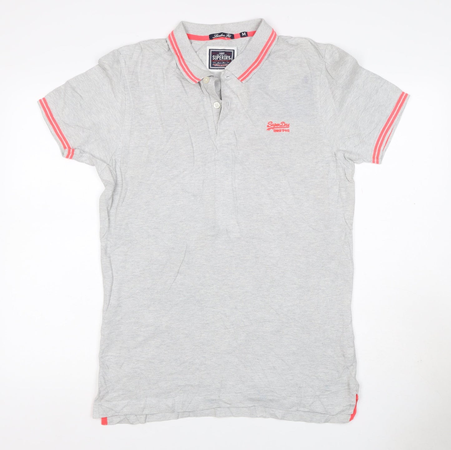 Superdry Men’s Grey Pink Trim Logo Cotton Polo Shirt M