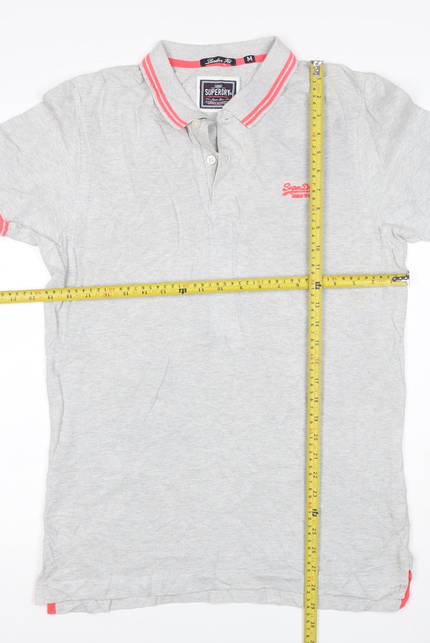 Superdry Men’s Grey Pink Trim Logo Cotton Polo Shirt M