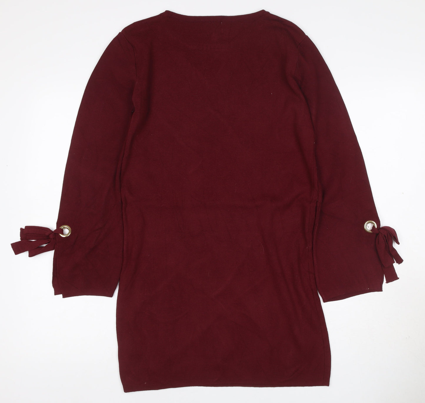 Yumi Women Red S Knit Jumper Dress Long Sleeve Tie Cuffs