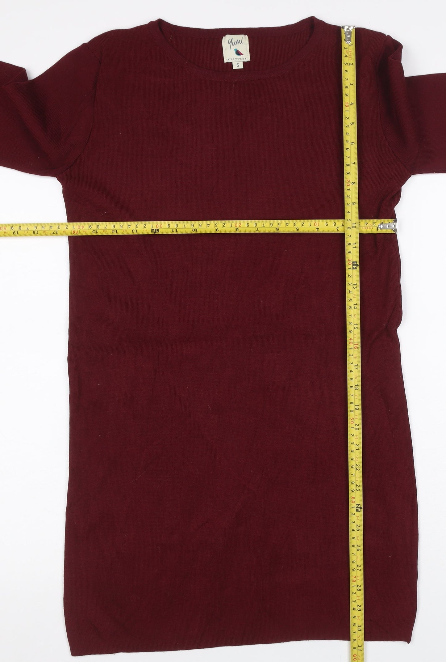 Yumi Women Red S Knit Jumper Dress Long Sleeve Tie Cuffs