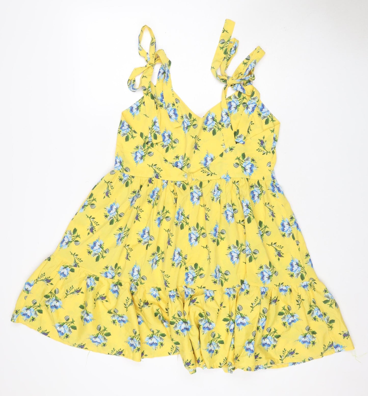 Boohoo Women Yellow Floral UK 14 Fit & Flare Tie Strap Midi Dress