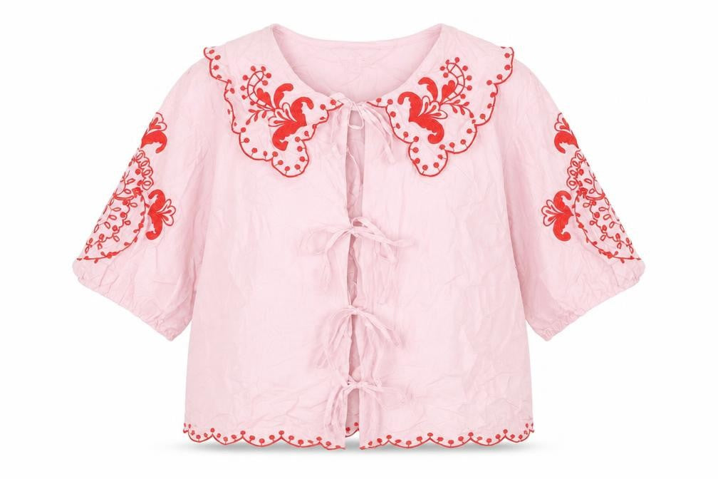 Marks and Spencer Women Pink Size 14 Embroidered Tie Front Blouse