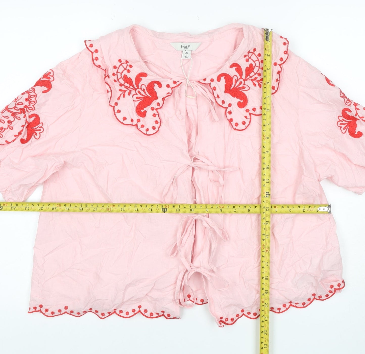 Marks and Spencer Women Pink Size 14 Embroidered Tie Front Blouse