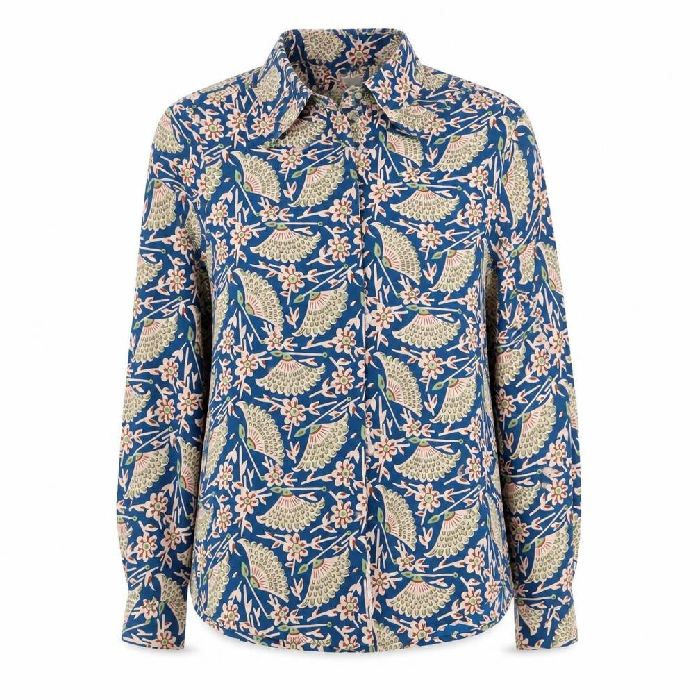 Front view of ASOS Women Blue Bird Floral Viscose Button-Up Shirt UK 12