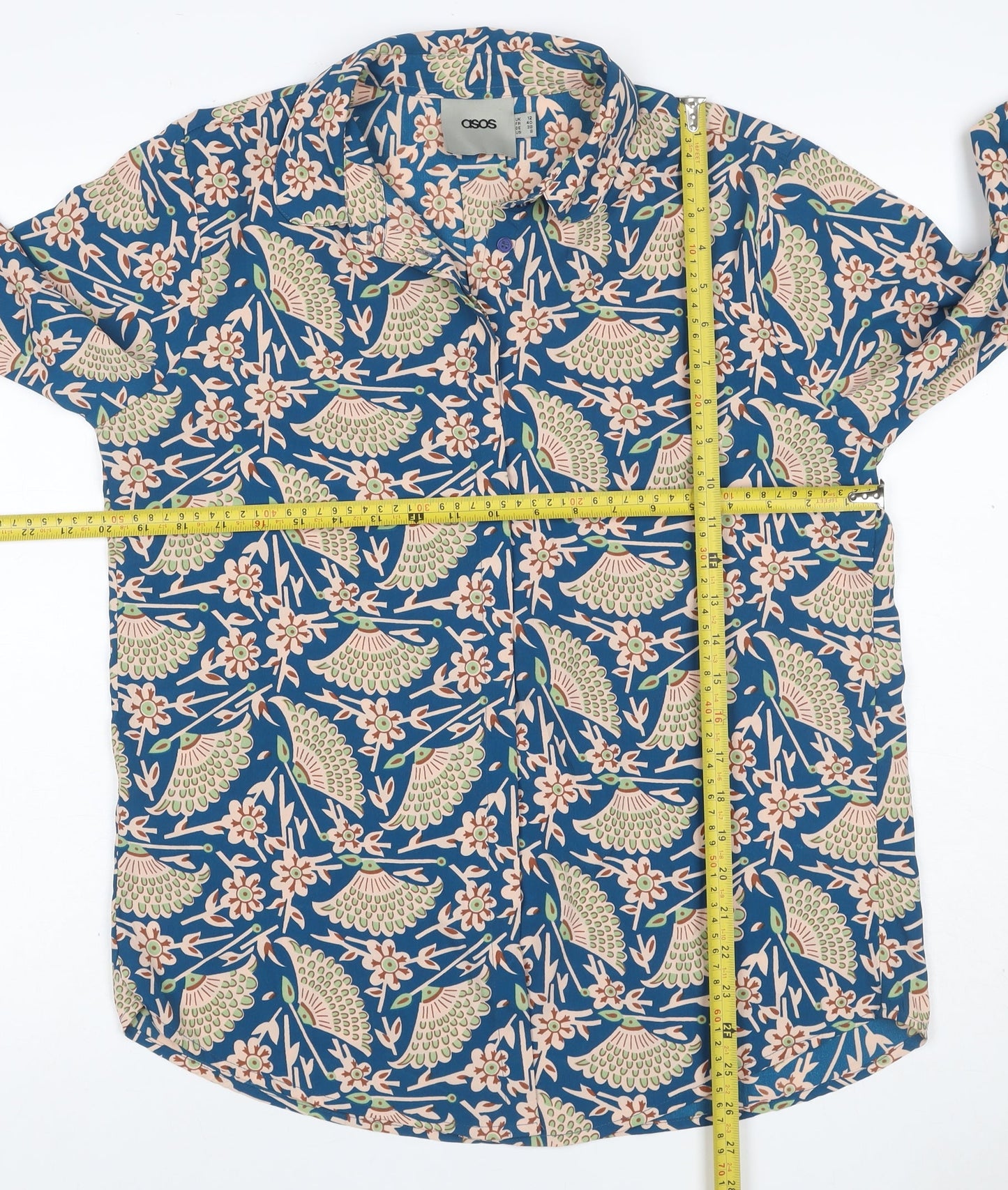 ASOS Women Blue Bird Floral Viscose Button-Up Shirt UK 12