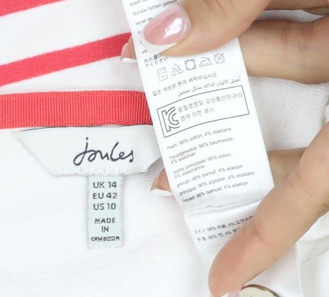 Joules Women White Pink Stripe Cotton Jersey Long Sleeve Top UK 14