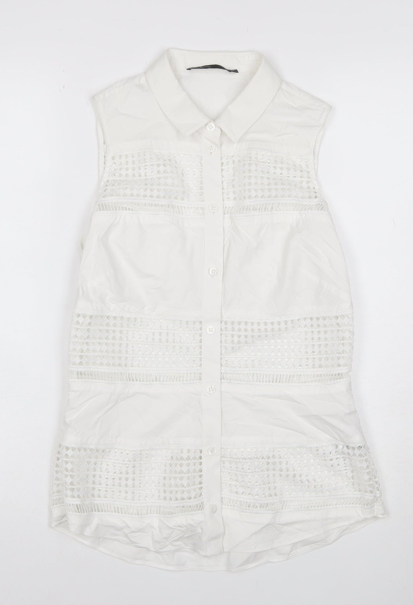 Karen Millen Women White UK 10 Sleeveless Lace Button-Up Tunic Blouse