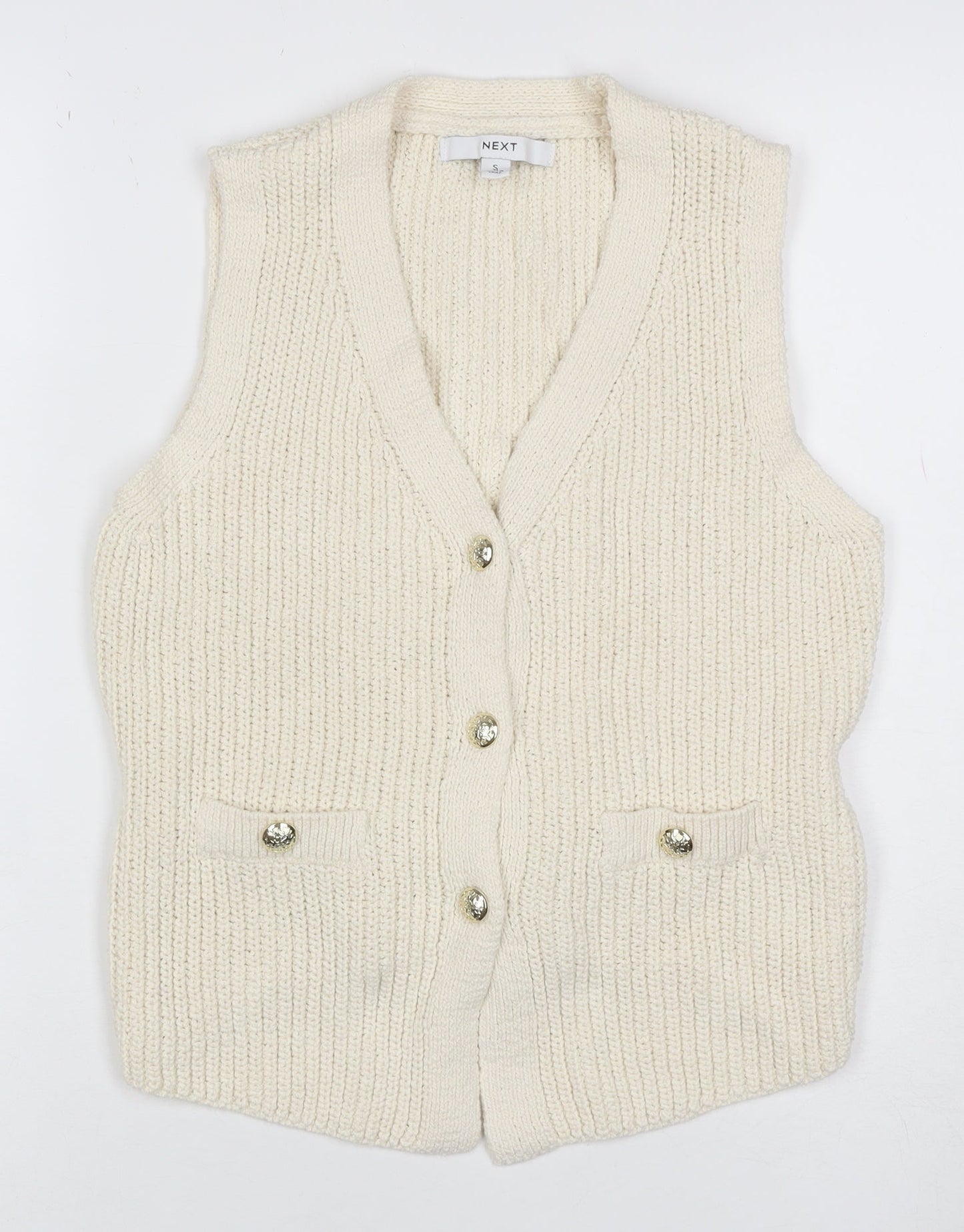 Next Women Ivory Chunky Knit Belted Button Vest Cardigan Size 10