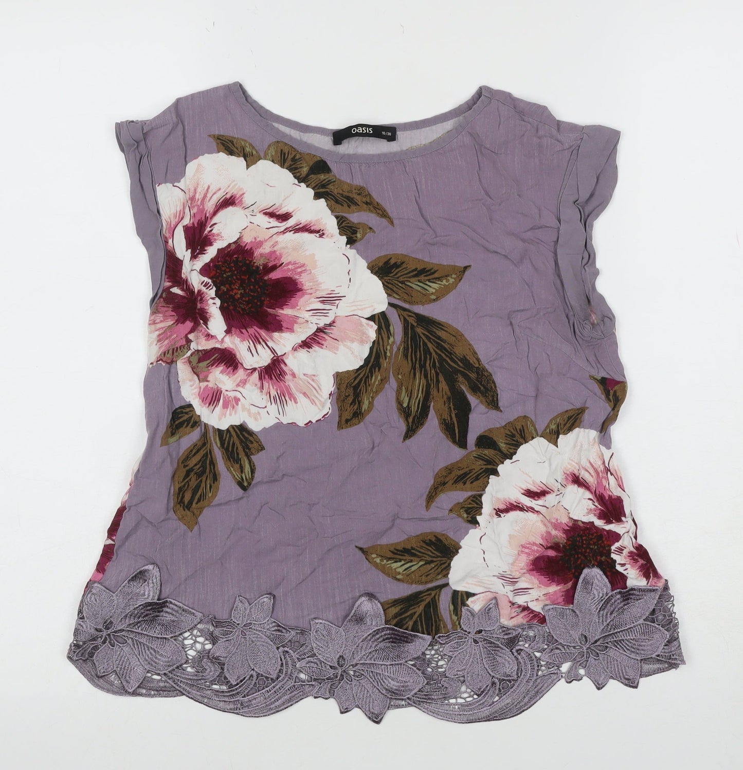 Oasis Women’s Purple Floral Viscose Lace Hem Blouse UK 10 Short Sleeve