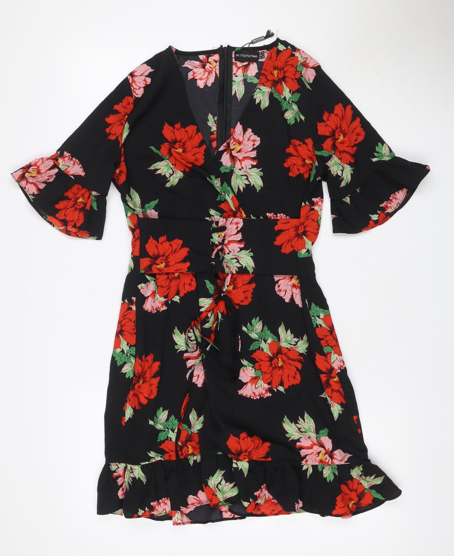 PrettyLittleThing Women Black Floral Fit & Flare Dress UK 10 Bell Sleeve