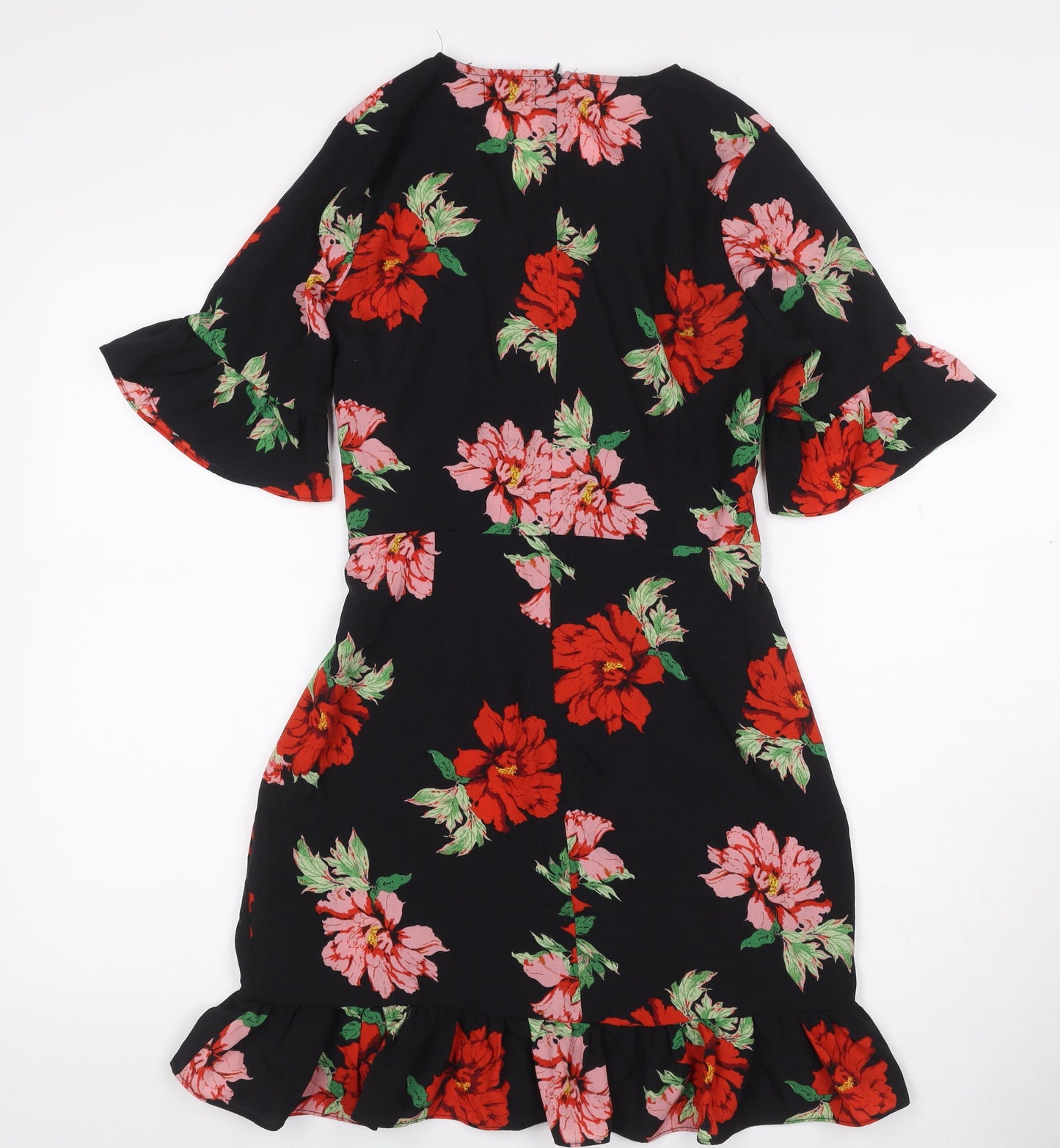PrettyLittleThing Women Black Floral Fit & Flare Dress UK 10 Bell Sleeve